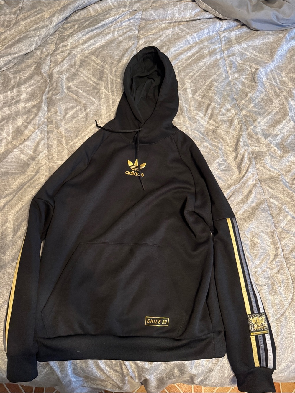 adidas Black Hoodie with Gold Logo and Stripe Accents